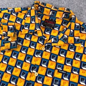 Fubu Vintage Mens Shirt XXL Yellow Blue Geometric Long Sleeve All Over Print